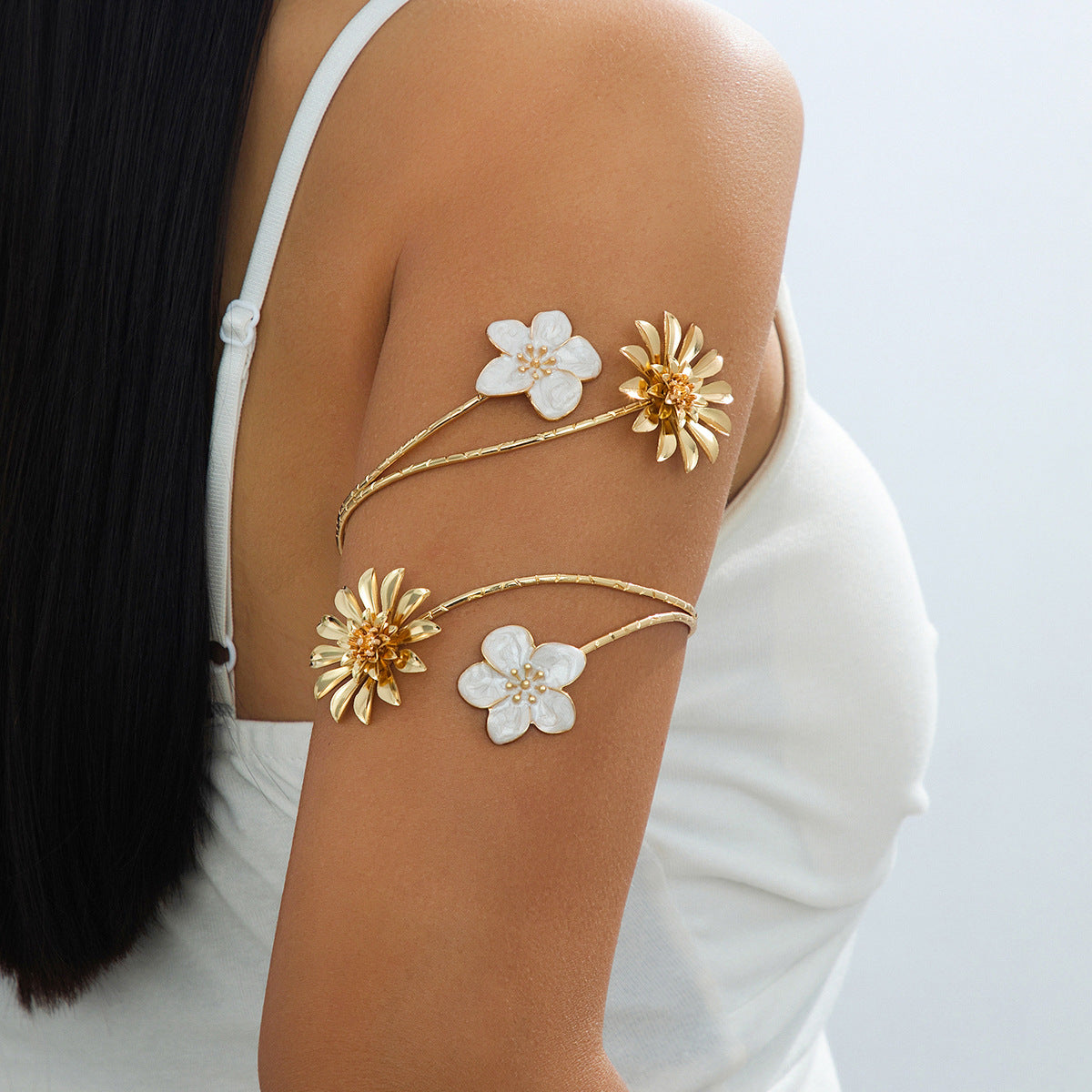 Pastoral Flower Arm Cuff Bangle Featuring White Enamel Craftsmanship For Elegant Floral Style