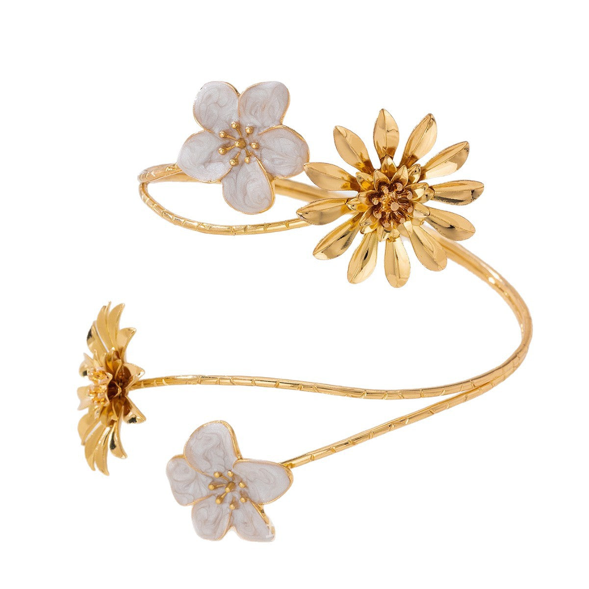 Pastoral Flower Arm Cuff Bangle Featuring White Enamel Craftsmanship For Elegant Floral Style