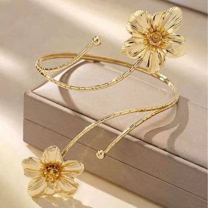 Flower Pattern Metal Arm Cuff Featuring Enamel Craft In Gold And Sky Blue Colors For Stylish Wear