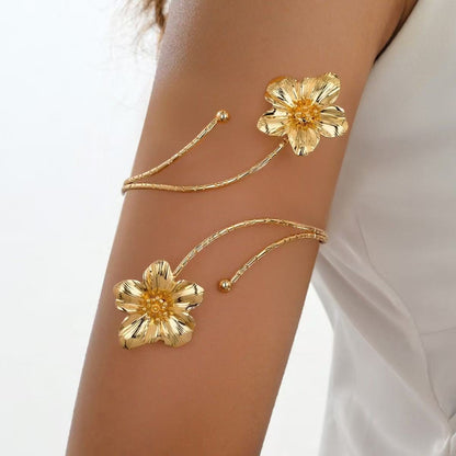 Flower Pattern Metal Arm Cuff Featuring Enamel Craft In Gold And Sky Blue Colors For Stylish Wear