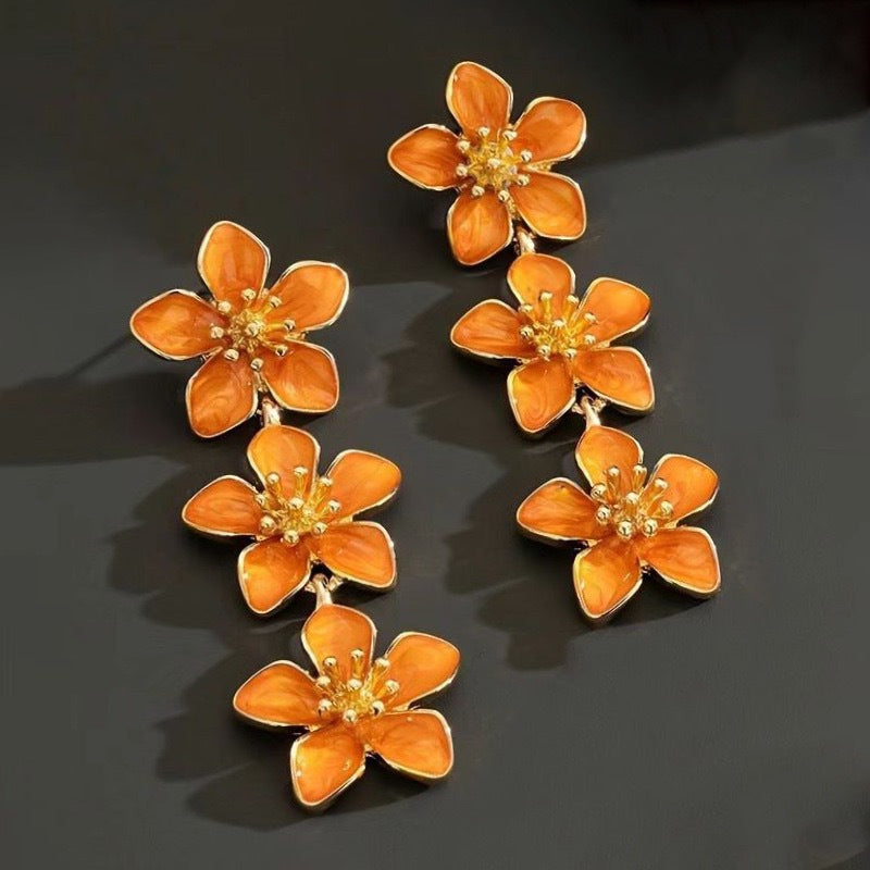 Pastoral Flower Drop Earrings For Women Featuring Enamel Craft In Orange And White Colors
