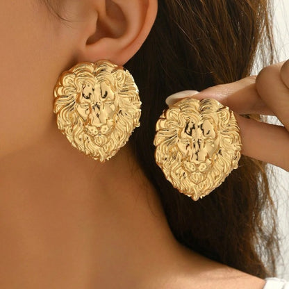Exaggerated Gold Lion Stud Earrings For Women, Perfect For Party And Daily Wear
