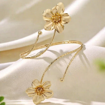 Flower Pattern Metal Arm Cuff Featuring Enamel Craft In Gold And Sky Blue Colors For Stylish Wear
