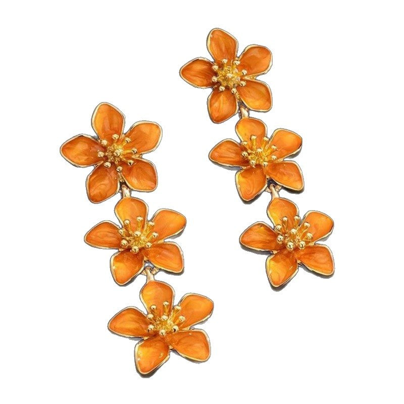 Pastoral Flower Drop Earrings For Women Featuring Enamel Craft In Orange And White Colors