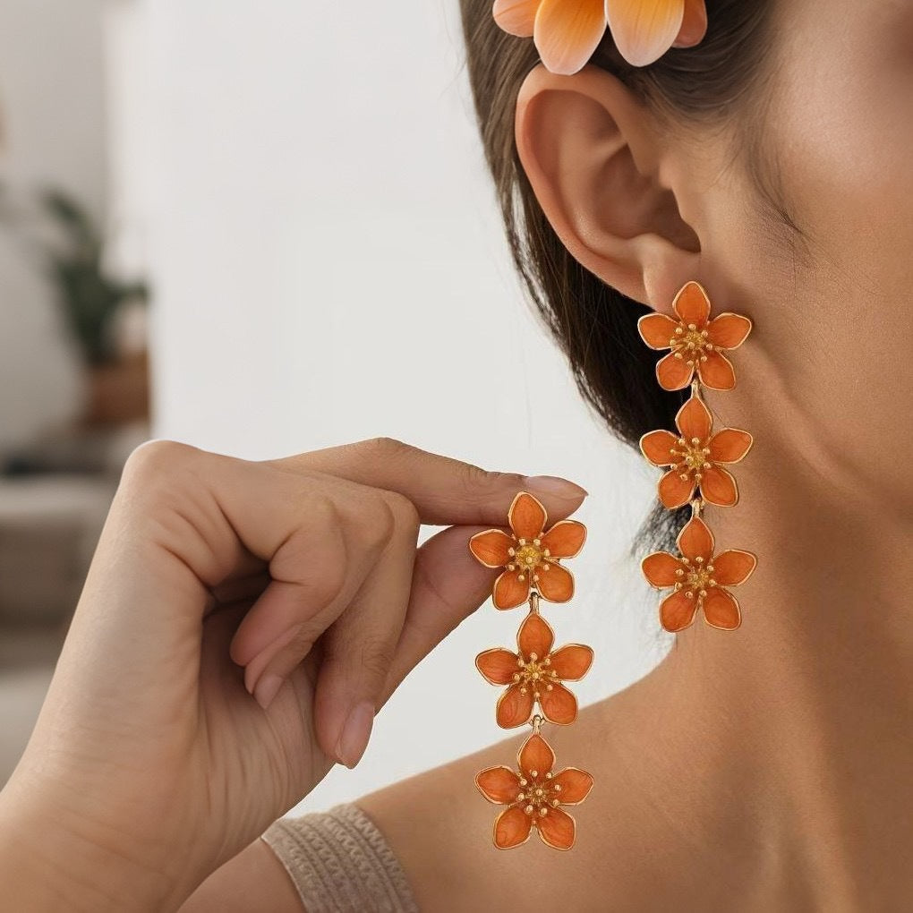 Pastoral Flower Drop Earrings For Women Featuring Enamel Craft In Orange And White Colors