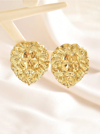 Exaggerated Gold Lion Stud Earrings For Women, Perfect For Party And Daily Wear