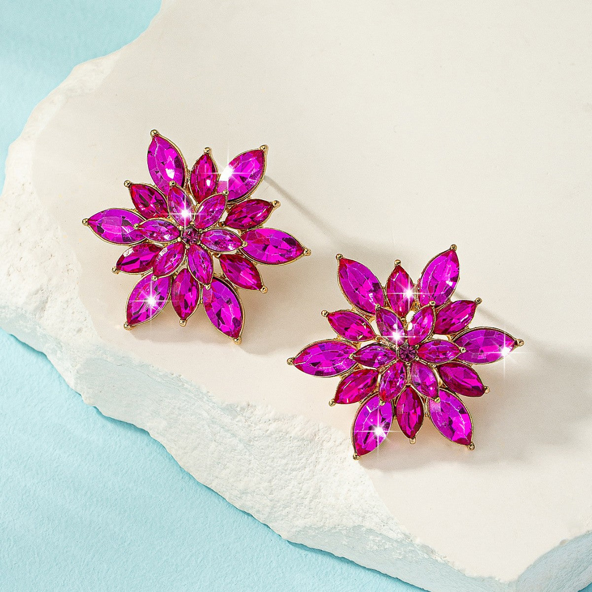 Flower Stud Earrings For Women Featuring Zircon Inlay In Rose Red