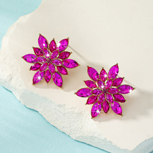 Flower Stud Earrings For Women Featuring Zircon Inlay In Rose Red
