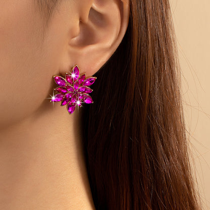 Flower Stud Earrings For Women Featuring Zircon Inlay In Rose Red