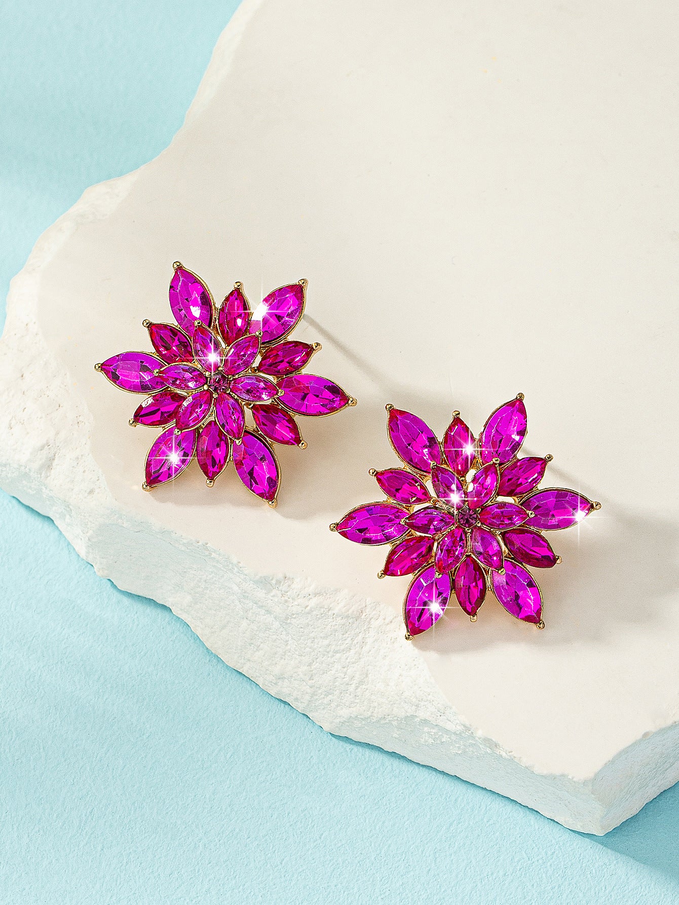 Flower Stud Earrings For Women Featuring Zircon Inlay In Rose Red
