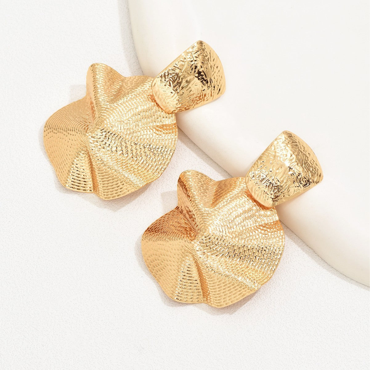 Gold Metal Stud Earrings Featuring Irregular Folds Pattern For Elegant Jewelry Style