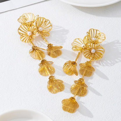 Pastoral Flower Tassel Petal Earrings For Women In Gold, 1 Pair