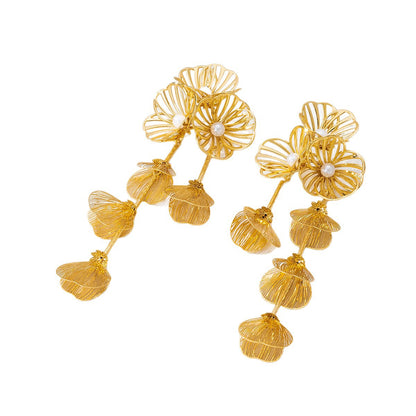 Pastoral Flower Tassel Petal Earrings For Women In Gold, 1 Pair