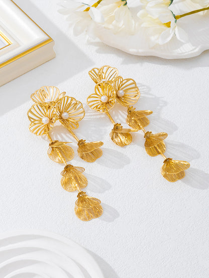 Pastoral Flower Tassel Petal Earrings For Women In Gold, 1 Pair
