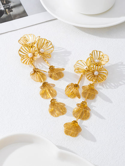 Pastoral Flower Tassel Petal Earrings For Women In Gold, 1 Pair