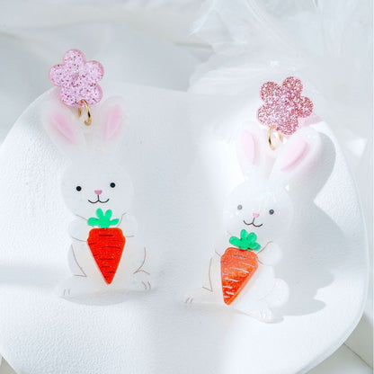 For Easter Rabbit Pattern Acrylic Drop Earrings Featuring Cute Carrot And Flower Designs