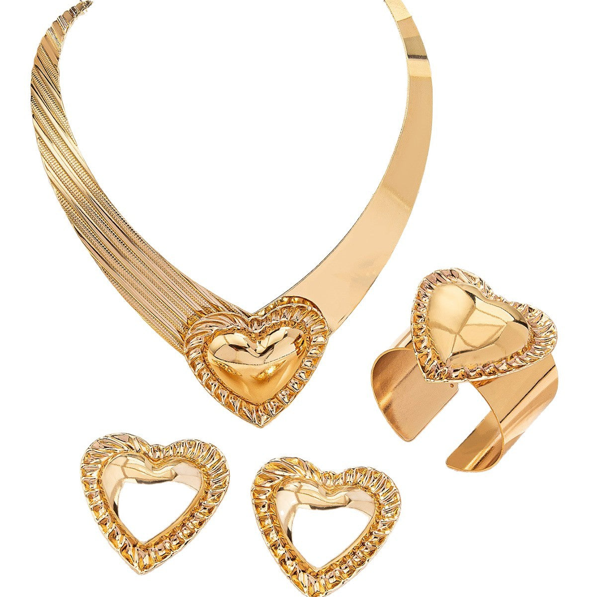 Golden Jewelry Set Featuring Heart Shape Pattern Made Of Metal