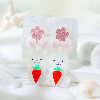 For Easter Rabbit Pattern Acrylic Drop Earrings Featuring Cute Carrot And Flower Designs