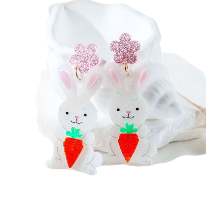 For Easter Rabbit Pattern Acrylic Drop Earrings Featuring Cute Carrot And Flower Designs