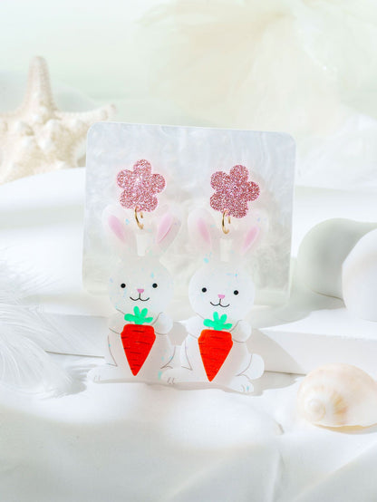 For Easter Rabbit Pattern Acrylic Drop Earrings Featuring Cute Carrot And Flower Designs