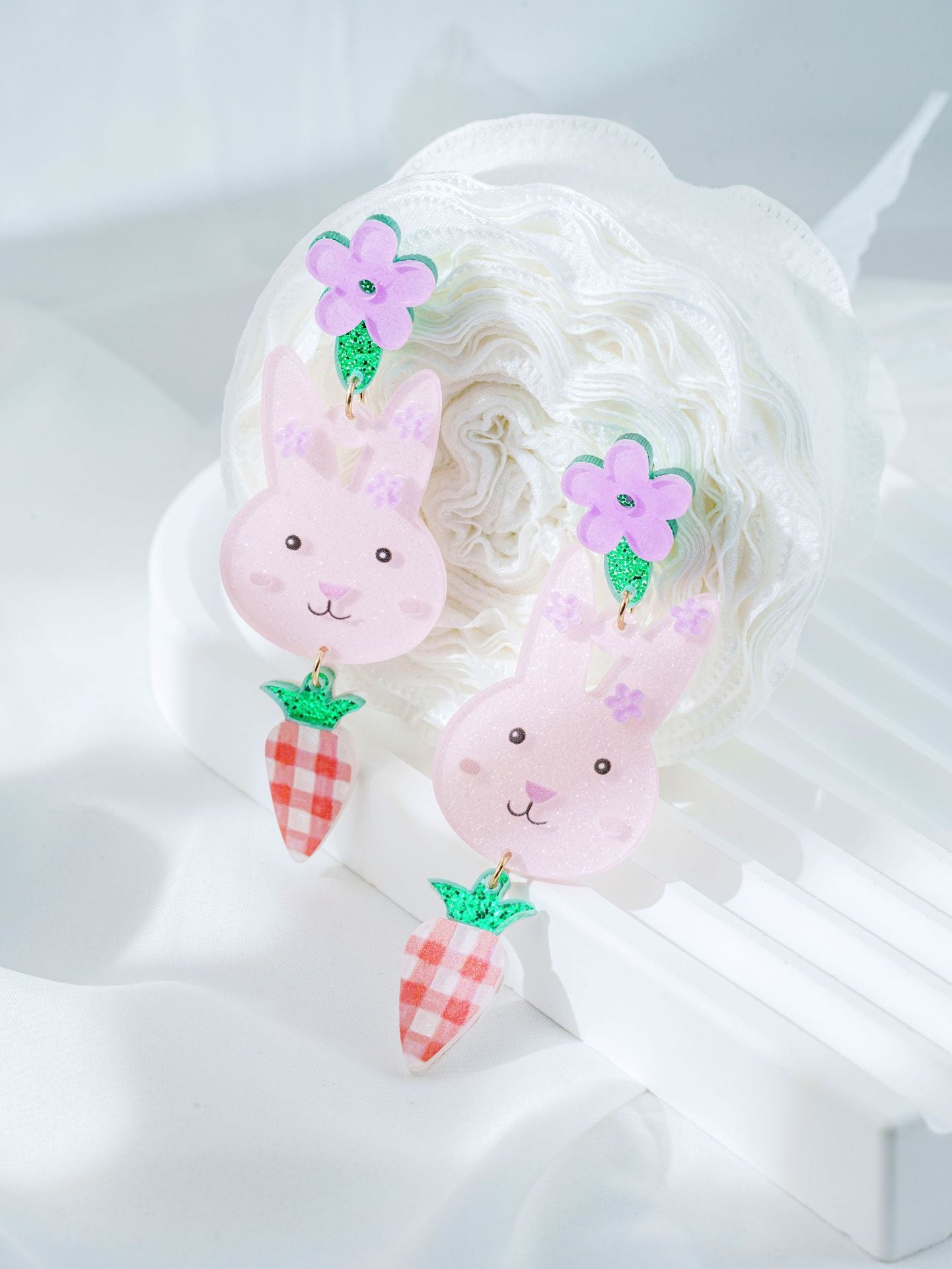 For Easter Rabbit Pattern Acrylic Drop Earrings Featuring Cute Carrot And Flower Designs