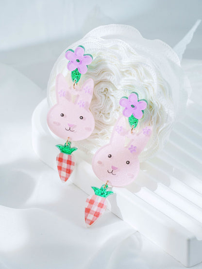 For Easter Rabbit Pattern Acrylic Drop Earrings Featuring Cute Carrot And Flower Designs