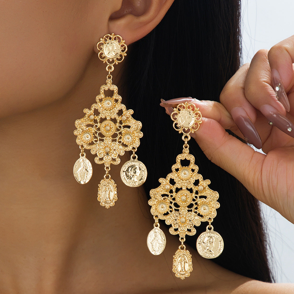 Baroque Style Coin Tassel Earrings In Golden Featuring Exaggerated Retro Statue Design
