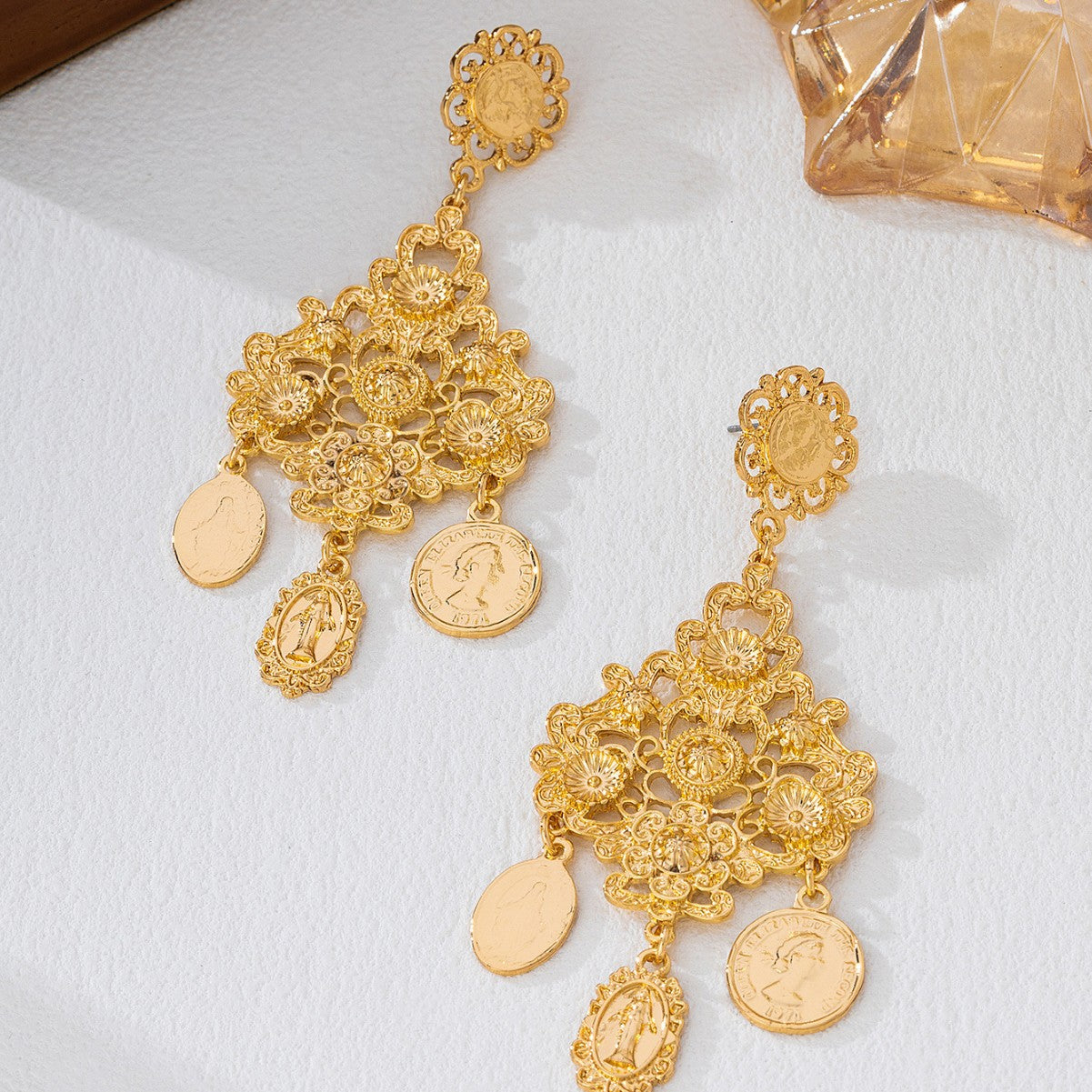 Baroque Style Coin Tassel Earrings In Golden Featuring Exaggerated Retro Statue Design