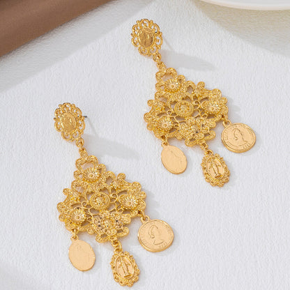 Baroque Style Coin Tassel Earrings In Golden Featuring Exaggerated Retro Statue Design