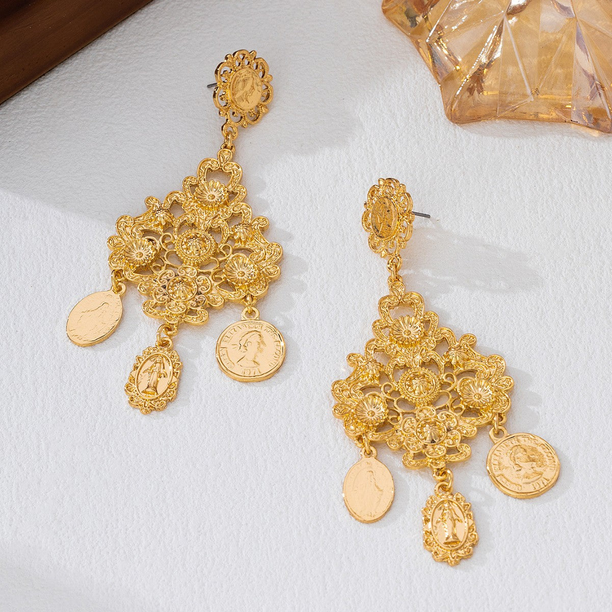 Baroque Style Coin Tassel Earrings In Golden Featuring Exaggerated Retro Statue Design