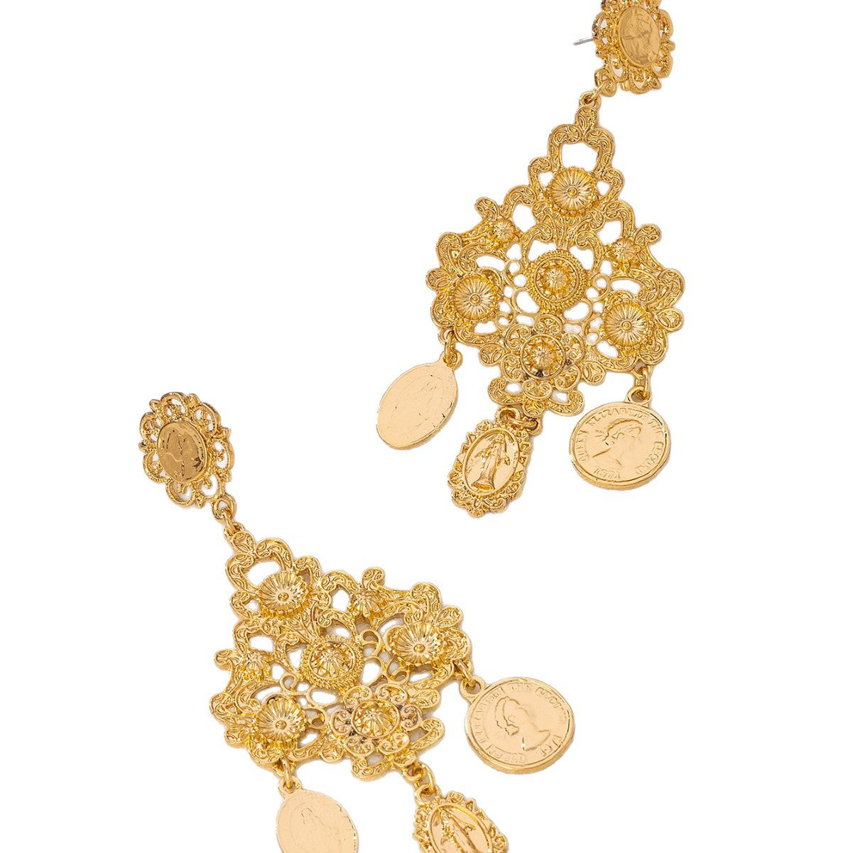 Baroque Style Coin Tassel Earrings In Golden Featuring Exaggerated Retro Statue Design