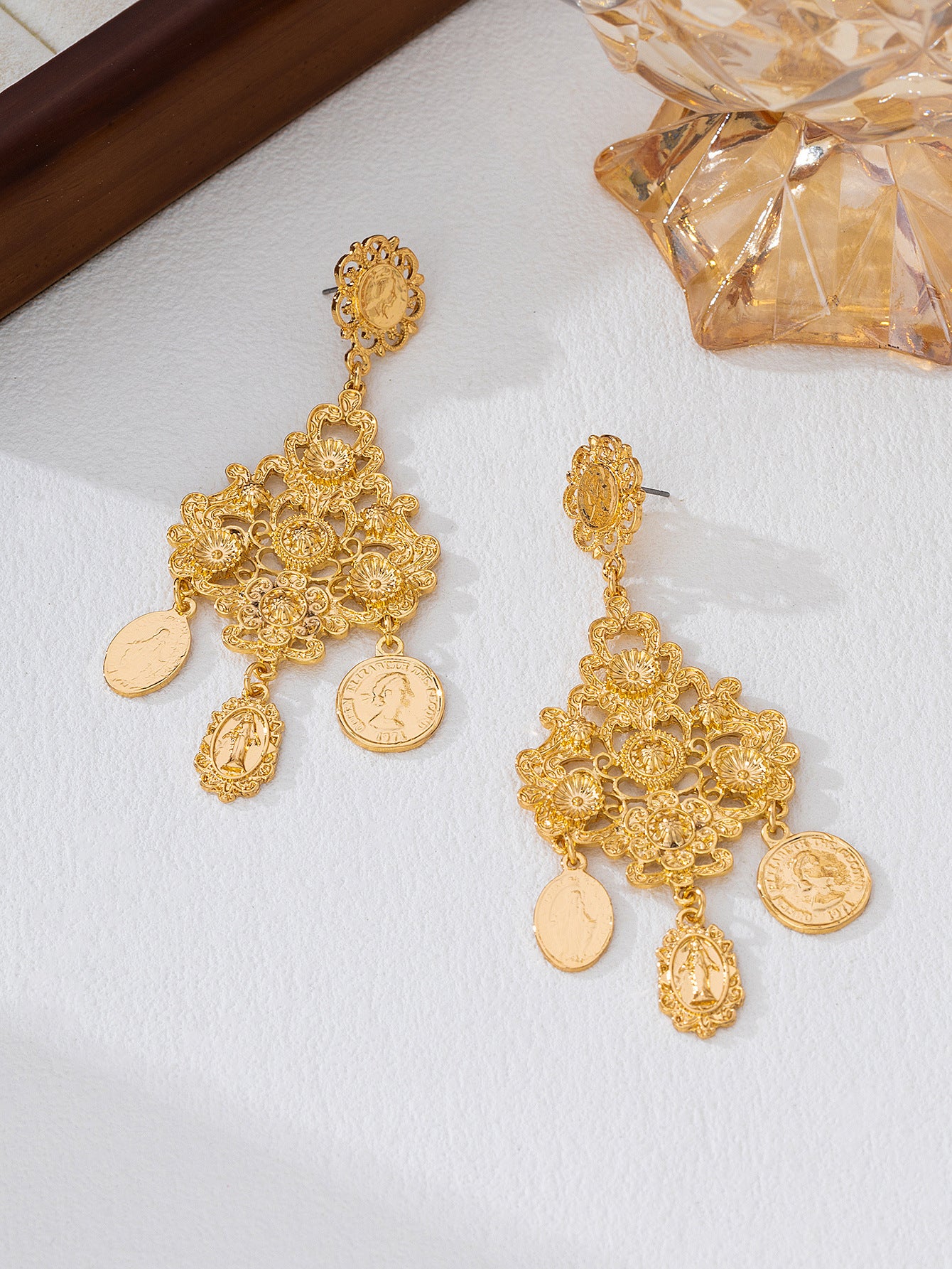 Baroque Style Coin Tassel Earrings In Golden Featuring Exaggerated Retro Statue Design