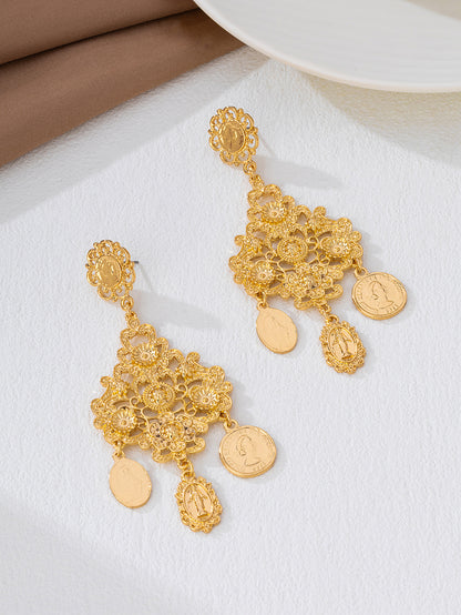 Baroque Style Coin Tassel Earrings In Golden Featuring Exaggerated Retro Statue Design