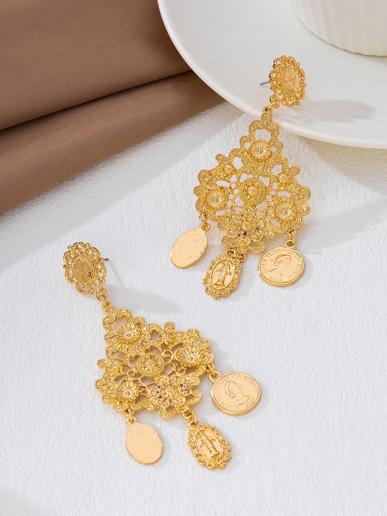 Baroque Style Coin Tassel Earrings In Golden Featuring Exaggerated Retro Statue Design
