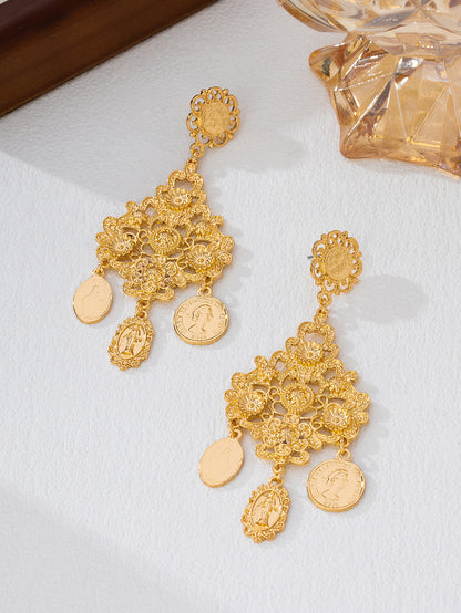 Baroque Style Coin Tassel Earrings In Golden Featuring Exaggerated Retro Statue Design