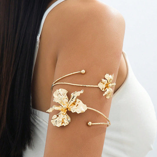 Metal Flower Open Arm Ring For Women, High-End Enamel Craft Jewelry Bracelet, Waterproof And Fade-Resistant Hand Accessory