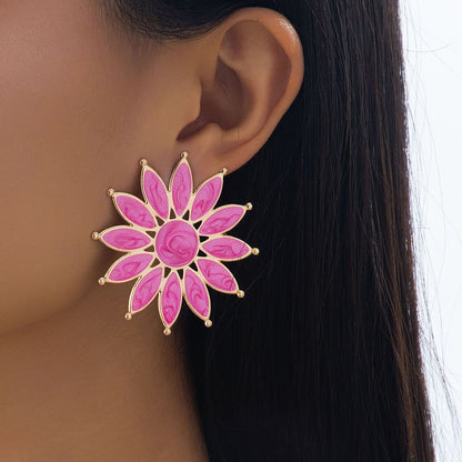 Sweet Flower Enamel Stud Earrings For Women In Rose Red