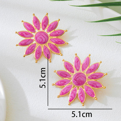 Sweet Flower Enamel Stud Earrings For Women In Rose Red