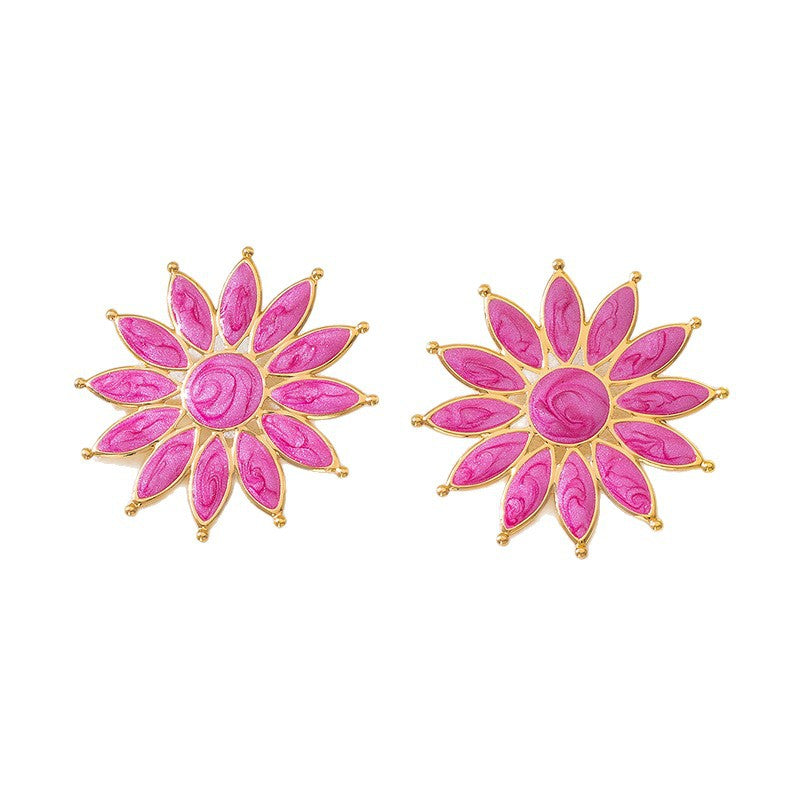 Sweet Flower Enamel Stud Earrings For Women In Rose Red