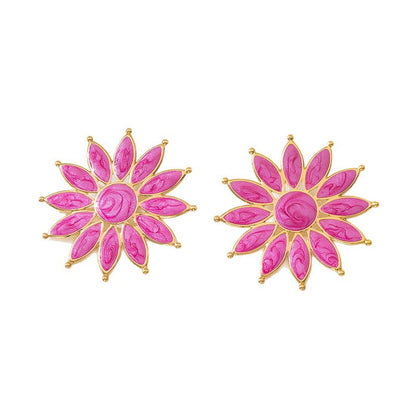 Sweet Flower Enamel Stud Earrings For Women In Rose Red