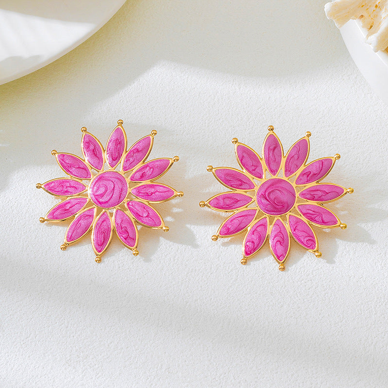 Sweet Flower Enamel Stud Earrings For Women In Rose Red