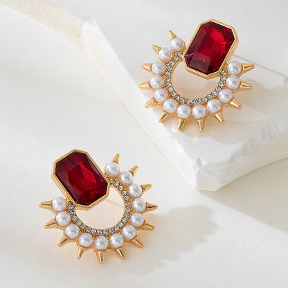 Geometric Round Stud Earrings In Red Featuring Simple Style For Everyday Wear