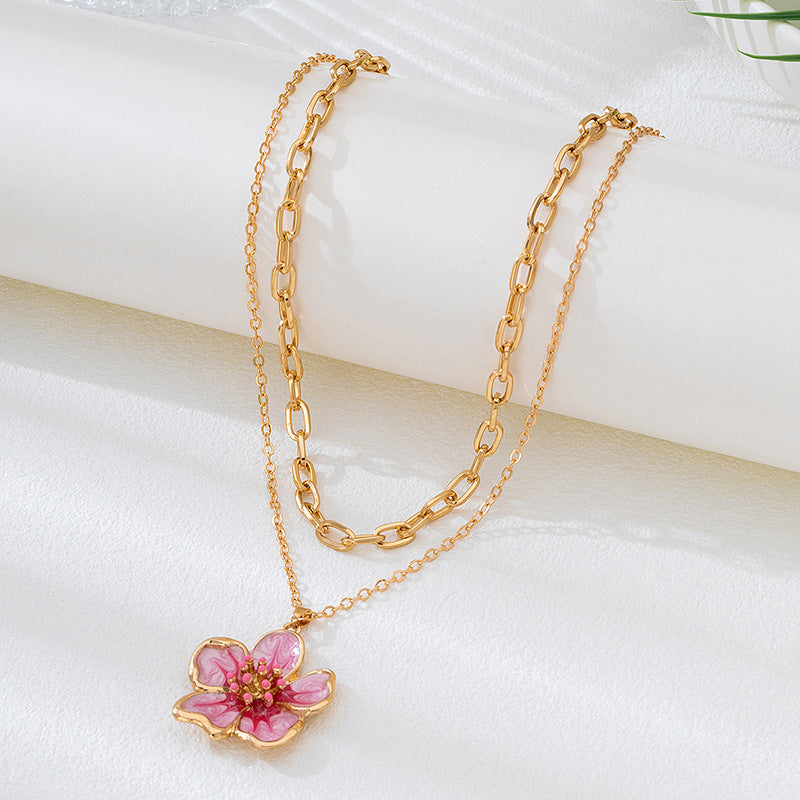 Flower Necklace For Women In Gold Zinc Alloy Featuring Enamel Craft