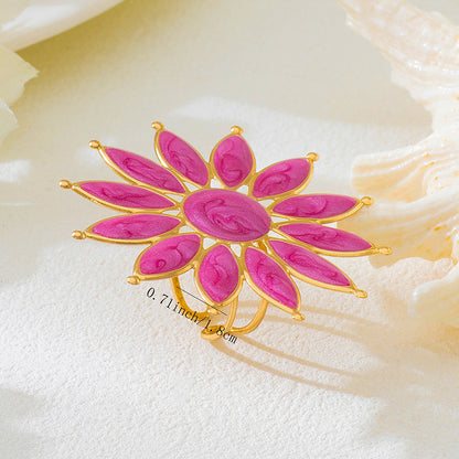 Rose Red Flower Open Ring With Enamel Finish, Elegant Jewelry Accessory For Daily Wear