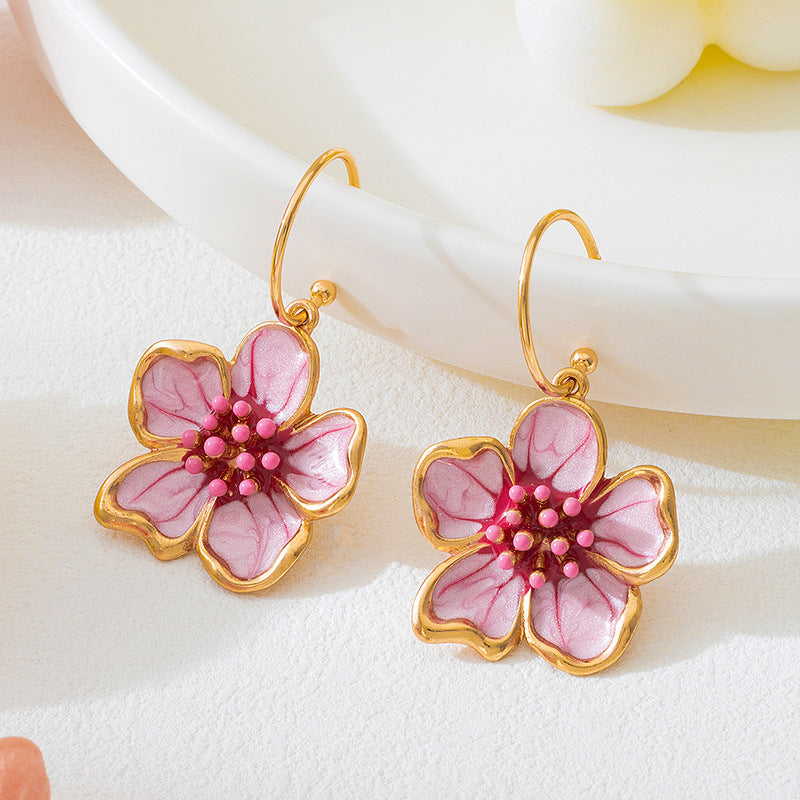 Flower Drop Earrings In Rose Red Featuring Enamel Craft For Elegant Style
