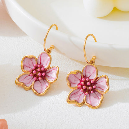 Flower Drop Earrings In Rose Red Featuring Enamel Craft For Elegant Style