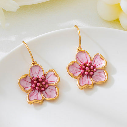Flower Drop Earrings In Rose Red Featuring Enamel Craft For Elegant Style