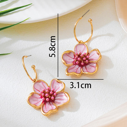 Flower Drop Earrings In Rose Red Featuring Enamel Craft For Elegant Style