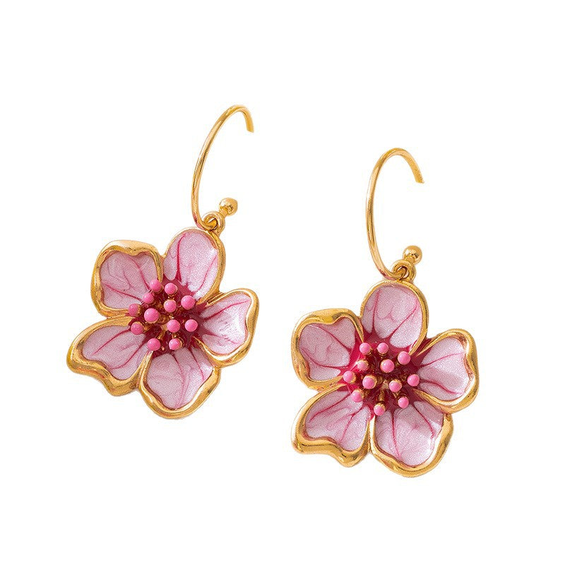 Flower Drop Earrings In Rose Red Featuring Enamel Craft For Elegant Style