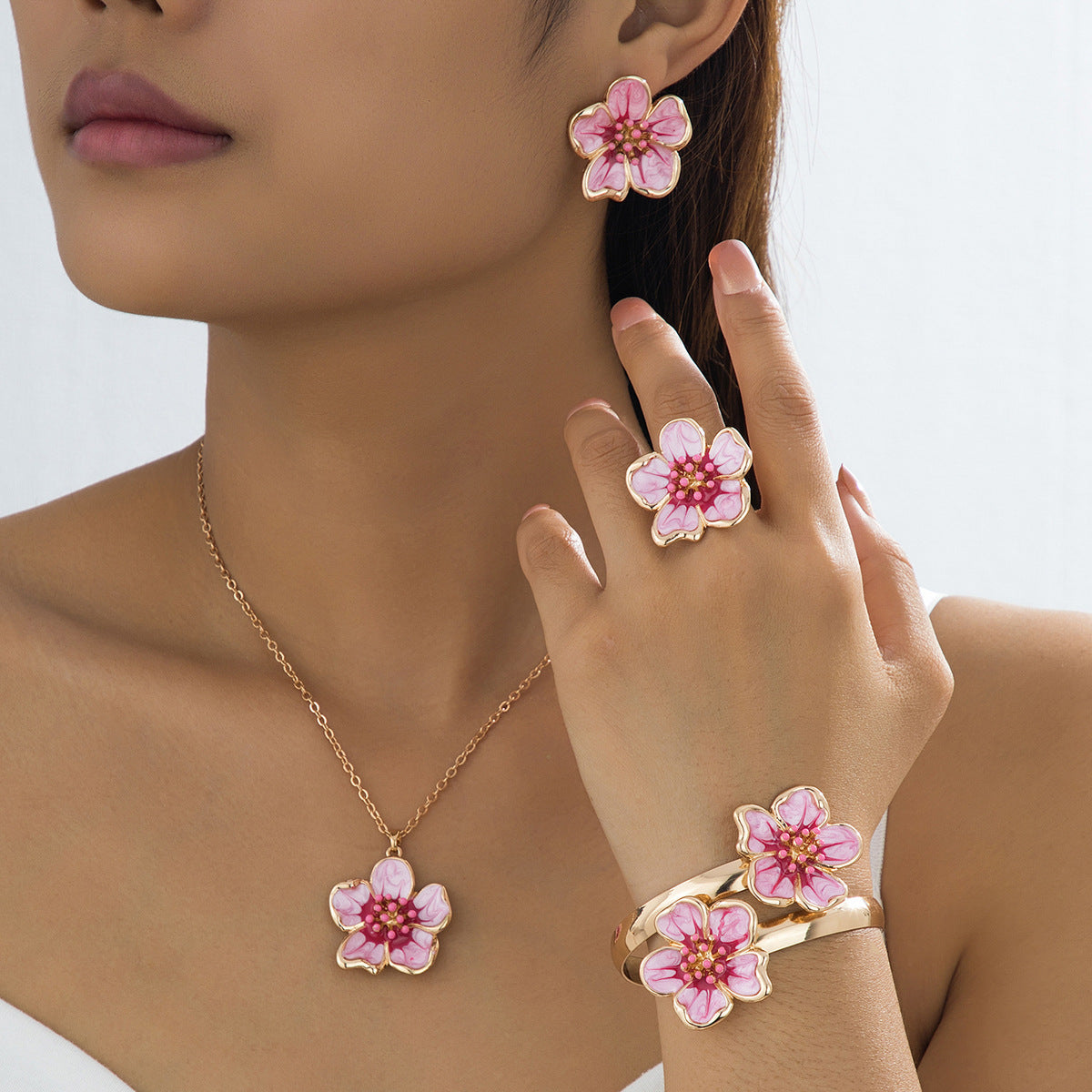 Rose Red Jewelry Set Featuring Enamel Craftsmanship With Elegant Flowers Pattern